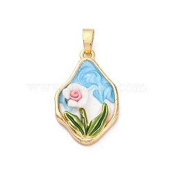 Brass Enamel Pendants, with Resin, Irregular Oval with Flower Charm, Real 18K Gold Plated, 24x14x4mm, Hole: 4x2mm(KK-S502-06G)