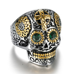 Two Tone 316 Surgical Stainless Steel Skull with Cross Finger Ring, Emerald Rhinestone Gothic Punk Jewelry for Men Women, Golden & Stainless Steel Color, US Size 12(21.4mm)(SKUL-PW0002-033F-GP)