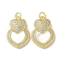 Valentine"s Day Brass Micro Pave Clear Cubic Zirconia Pendants, with Shell, Heart, Real 18K Gold Plated, 20x14x2.5mm, Hole: 3.5mm(KK-B083-41C-G)
