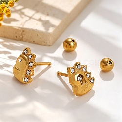 304 Stainless Steel Crystal Rhinestone Animal Cartilage Earrings, Real 18K Gold Plated, Dinosaur, 9x7.5mm(SA-CBA1F7E-01G-01)