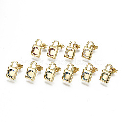 Brass Micro Pave Cubic Zirconia Padlock Stud Earrings, with Ear Nuts, Lock with Moon, Nickel Free, Real 18K Gold Plated, Mixed Color, 13x7mm, Pin: 0.8mm(EJEW-N011-27-NF)