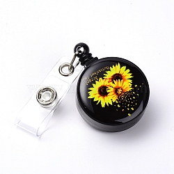 ABS Plastic Retractable Badge Reel, Card Holders, with Platinum Snap Buttons, ID Badge Holder Retractable for Nurses, Flat Round with Sunflower Pattern, Yellow, 8.5cm(AJEW-SZC0001-01C)