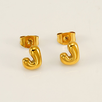 Chunk Letter 304 Stainless Steel Stud Earrings for Women, Real 18K Gold Plated, Letter J, 7.5~8.5x5~10.5mm