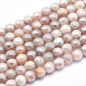 Electroplate Natural Sunstone Beads Strands, Faceted, Round, 6mm, Hole: 0.8mm, about 64pcs/strand, 15.7 inch
