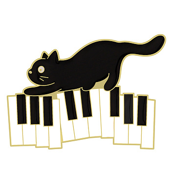 Black Cat Enamel Pin, Golden Alloy Badge for Backpack Clothes, Musical Instruments Pattern, 21x30mm