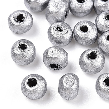 Spray Painted Wood Beads, Round, Silver Plated, 6x5mm, Hole: 2mm, about 8300pcs/500g