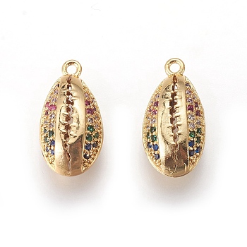 Brass Cubic Zirconia Pendants, Cowrie Shell Shaped, Colorful, Golden, 18.5x9.5x7.5mm, Hole: 1mm