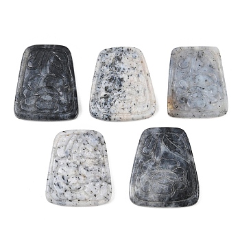 Natural Agate(Dyed & Heated) Carved Pendants, Trapezoid with Flower Charms, Prussian Blue, 34~37x30~32x5~6mm, Hole: 1.2mm