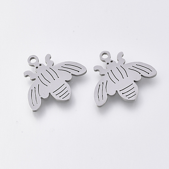 201 Stainless Steel Pendants, Laser Cut Pendants, Bee, Stainless Steel Color, 15x17x1mm, Hole: 1.2mm
