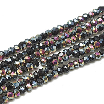 Electroplate Opaque Solid Color Glass Beads Strands, Faceted, Half Plated, Rondelle, Black, 2x1.5mm, Hole: 0.7mm, about 200pcs/strand, 11.81 inch