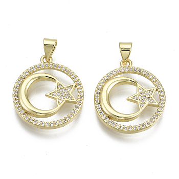 Brass Micro Pave Cubic Zirconia Pendants, with Brass Snap on Bails, Nickel Free, Round, Star with Moon, Real 16K Gold Plated, Clear, 22x19x3mm, Hole: 5x3mm