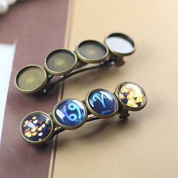 Iron Hair Barrette Findings, with Brass Flat Round Bezel Settings, Antique Bronze, 55x14mm, Tray: 12mm