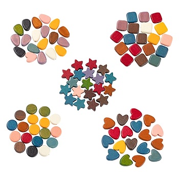 100Pcs 5 Style Painted Natural Wood Beads, Star & Teardrop & Heart & Square & Flat Round, Mixed Color, 14~18x12~15x5.5~6mm, Hole: 1.5mm, 20pcs/style