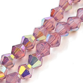 Baking Painted Transparent Glass Beads Strands, Half Electroplate, AB Color Plated, Faceted, Bicone, Old Rose, 6x5.5mm, Hole: 1mm, about 47pcs/strand, 10.24''(26cm)