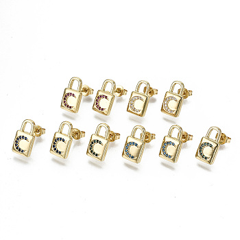 Brass Micro Pave Cubic Zirconia Padlock Stud Earrings, with Ear Nuts, Lock with Moon, Nickel Free, Real 18K Gold Plated, Mixed Color, 13x7mm, Pin: 0.8mm
