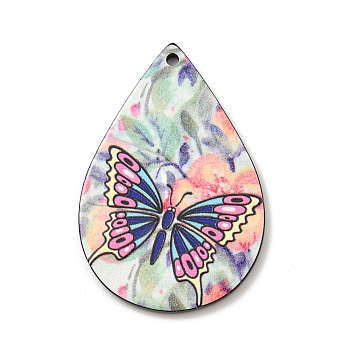 Opaque Acrylic Pendants, Teardrop with Butterfly, Colorful, 47x31x2.5mm, Hole: 2mm