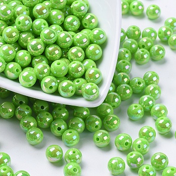 Eco-Friendly Poly Styrene Acrylic Beads, AB Color Plated, Round, Yellow Green, 8mm, Hole: 1mm, about 2000pcs/500g