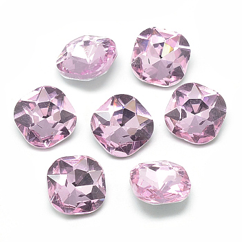 Pointed Back Glass Rhinestone Cabochons, Faceted, Back Plated, Square, Pearl Pink, 10x10x4.5mm