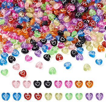 900pcs 9 Colors Transparent Acrylic Beads, with Enamel, Heart, Mixed Color, 6.5x6.5x4.5mm, Hole: 1mm, 100pcs/color