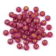 Plating Acrylic Beads, Golden Metal Enlaced, Horizontal Hole, Flat Round with Letter, Cerise, 6.5~7x3.5~4mm, Hole: 1.6mm, about 3600g/500g(OACR-P017-A01)