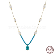 Synthetic Turquoise Teardrop Pendant Necklace, Dyed Natural Turquoise & Pearl Beads Necklaces with 925 Sterling Silver Chains, Real 14K Gold Plated, 18.43 inch(46.8cm)(NJEW-G121-02G)