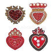 ARRICRAFT 4Pcs 4 Style Heart Cloth Patches, Glass Beaded Appliques, Stick On Patch, with Rhinestone, Costume Accessories, Red, 61~103x48~77x6~11mm, 1pc/style(PATC-AR0001-05)