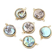 Natural Paua Shell Connector Charms, Flat Round Brass Wire Wrapped Links, Real 14K Gold Plated, 21x14x3.5mm, Hole: 1.4mm(SHEL-G016-02G)