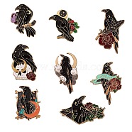 8Pcs 8 Style Crow Bird Enamel Pin, Alloy Enamel Brooch for Backpack Clothing, Light Gold, Mixed Color, 28~36x19~25x10mm, Pin: 1mm, 1pc/style(JEWB-SZ0001-32)