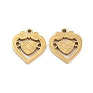 Ion Plating(IP) 304 Stainless Steel Pendants, Laser Cut, Heart with Bowknot Charm, Golden, 16x14.5x1.5mm, Hole: 1.5mm(STAS-I309-09G)