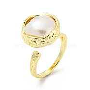 Brass Flat Round Open Cuff Rings, with Natural Pearl, Real 14K Gold Plated, US Size 6 3/4(17.1mm)(RJEW-H220-34G)