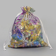 Organza Gift Bags, Drawstring Bags, with Colorful Coral Pattern, Rectangle, White, 18x13cm(OP-Q051-13x18-02)