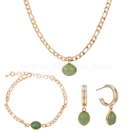 18K Real Gold Plated Natural Green Aventurine Oval Pendant Necklaces & Stud Earrings & Link Bracelet, Fashion Jewelry Set, Real 18K Gold Plated, 497mm, 173mm, 32.5x9.5mm(SJEW-AN0001-51)
