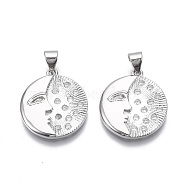 Brass Micro Pave Clear Cubic Zirconia Pendants, Nickel Free, Flat Round with Abstract Face, Real Platinum Plated, 20.5x18x3mm, Hole: 3.5mm(KK-R133-011P-NF)
