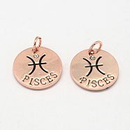 Alloy Pendants, with Rhinestone, Flat Round, with Constellation/Zodiac Sign, Rose Gold, Pisces, 22x2.5mm, Hole: 5.5mm(PALLOY-S083-05RG)
