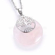 Natural Rose Quartz Pendant Necklaces, with 304 Stainless Steel Findings, Flat Round with Tree, 19.68 inch(50cm), Pendant: 40x28x6mm(NJEW-P228-A09)
