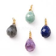 Wire Wrapped Faceted Natural Green Aventurine & Amethyst & Lapis Lazuli & Labradorite Pendants, with Golden Plated Brass Wire, Teardrop, 22~25mm, Hole: 1.6mm, teardrop: 13.5~14x10mm(X-PALLOY-JF00542)