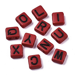 Opaque Acrylic Multi-Strand Links, for Tile Elastic Bracelets Making, Rectangle with Black Letter, Mixed Letters, Red, 8x8x4mm, Hole: 1.6mm, about 1509pcs/387g(MACR-N008-34A)