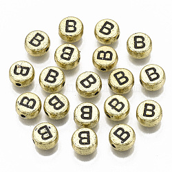 Plating Acrylic Beads, Horizontal Hole, Flat Round with Letter, Golden Plated, Black, Letter.B, 7x4mm, Hole: 1.2mm(X-PACR-CD0001-B)
