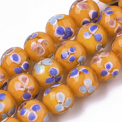 Handmade Lampwork Beads Strands, Inner Flower, Round, Orange, 12~13x10.5~12mm, Hole: 1.2mm, about 45pcs/Strand, 19.29  inch~19.69 inch(LAMP-T007-03F)