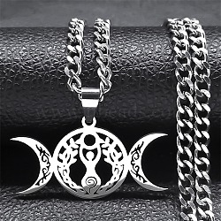 304 Stainless Steel Triple Goddess Pendant Necklaces, Curb Chains Necklaces for Women Men, Stainless Steel Color, 19.41 inch(49.3cm)(NJEW-G115-10P)