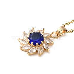 Brass Micro Pave Cubic Zirconia Flower Pendant Necklaces for Women, 201 Stainless Steel Cable Chain Necklaces, Medium Blue, 15.94 inch(40.5cm)(NJEW-E106-03KCG-03)