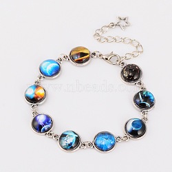 Tibetan Style Alloy Starry Sky Printed Glass Link Bracelets, with Zinc Alloy Lobster Claw Clasps and Iron End Chains, Antique Silver, Sky Blue, 190mm, link: 12x18x5mm(BJEW-JB01675)