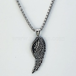 3Pcs Fashionable Retro Stainless Steel Punk Hollow Feather Wing Pendant Box Chain Necklaces for Men, Stainless Steel Color(OZ1327-2)