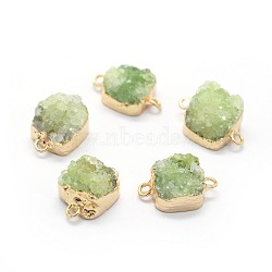 Natural Druzy Quartz Links connectors, with Brass Findings, Square, Golden, Yellow Green, 14~18x9~10x6~8mm, Hole: 2mm(G-P396-11G-05)