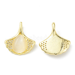 Rack Plating Brass Pave Cubic Zirconia with Cat Eye Pendants, Cadmium Free & Lead Free, Long-Lasting Plated, Ginkgo Leaf with Teardrop Pattern Charm, Real 18K Gold Plated, 18x17x5mm, Hole: 2x4mm(KK-G464-14G)