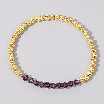 Colorful Birthstone Faceted Bicone & Brass Beaded Stretch Bracelets for Women, Purple, 6-7/8 inch(17.5cm)