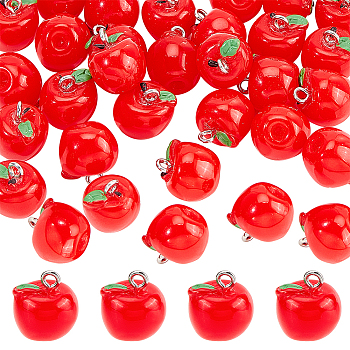 30Pcs Opaque Resin Charms, with Platinum Tone Iron Loops, Apple, Red, 15x12mm, Hole: 2mm