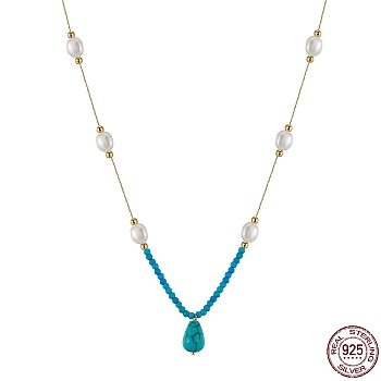 Synthetic Turquoise Teardrop Pendant Necklace, Dyed Natural Turquoise & Pearl Beads Necklaces with 925 Sterling Silver Chains, Real 14K Gold Plated, 18.43 inch(46.8cm)