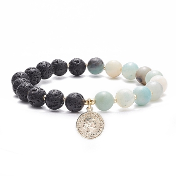 Round Natural Flower Amazonite & Lava Rock Stretch Bracelets with Brass Coin, Essential Oil Gemstone Jewelry for Women, Inner Diameter: 2-1/8 inch(5.4cm)