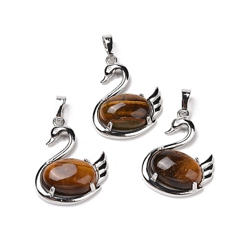 Natural Tiger Eye Pendants, with Platinum Tone Brass Findings, Cadmium Free & Lead Free, Swan, 32x25x7.3mm, Hole: 8mm